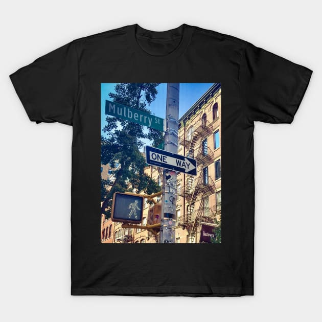 Street Sign One Way Traffic Light Mulberry St Manhattan NYC T-Shirt by eleonoraingrid